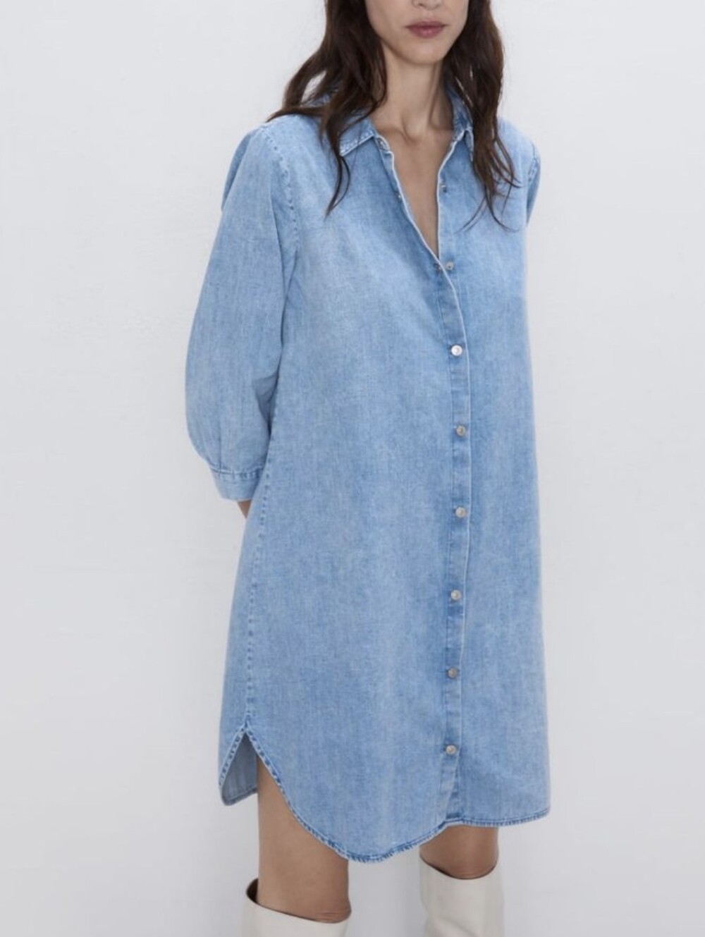 ZARA Light Wash Denim Snap Button Shirt Dress - Size L